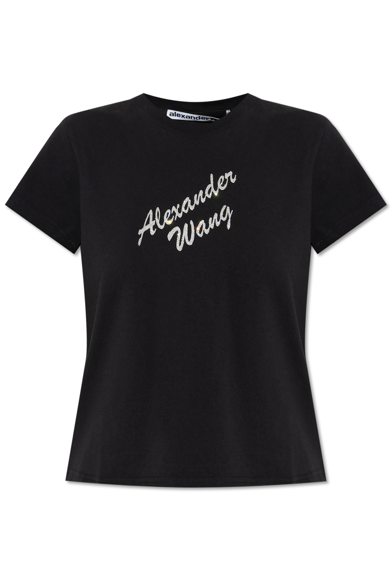 Black T-shirt with a logo finished with shiny appliqués
